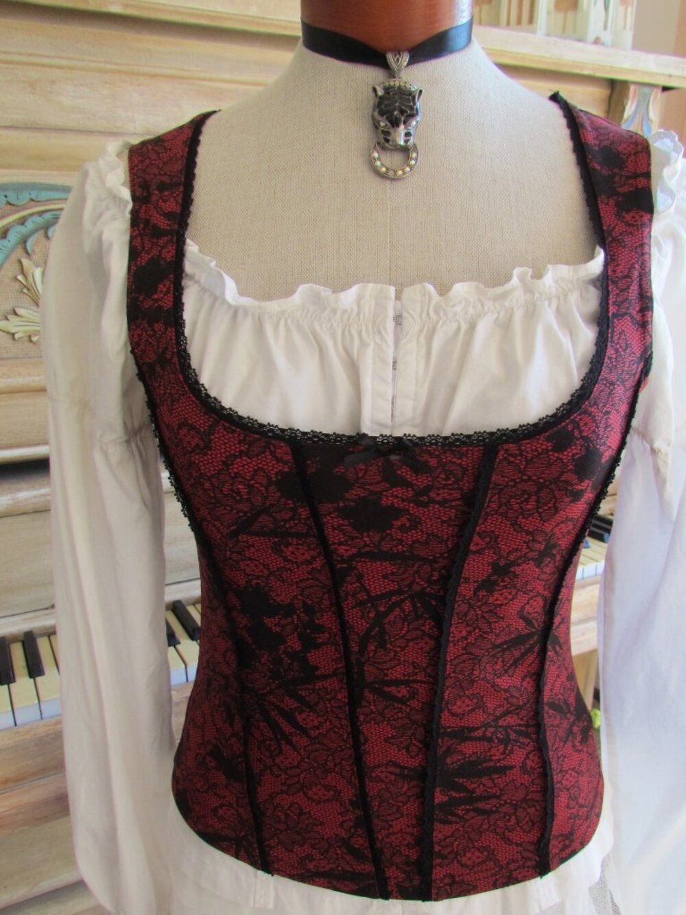 PIRATE WENCH BLOUSE + CORSET SHAPED VEST, COSTUME TOPS in RED, WHITE, HALLOWEEN